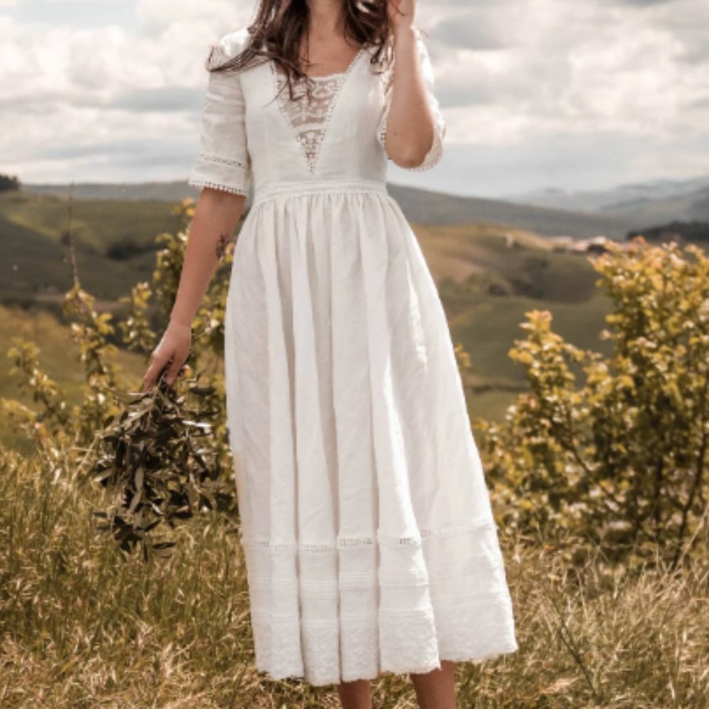 NWT BEDRA Vintage Under the Tuscan Sky Edwardian Midi Dress, XS, Linen, Wedding